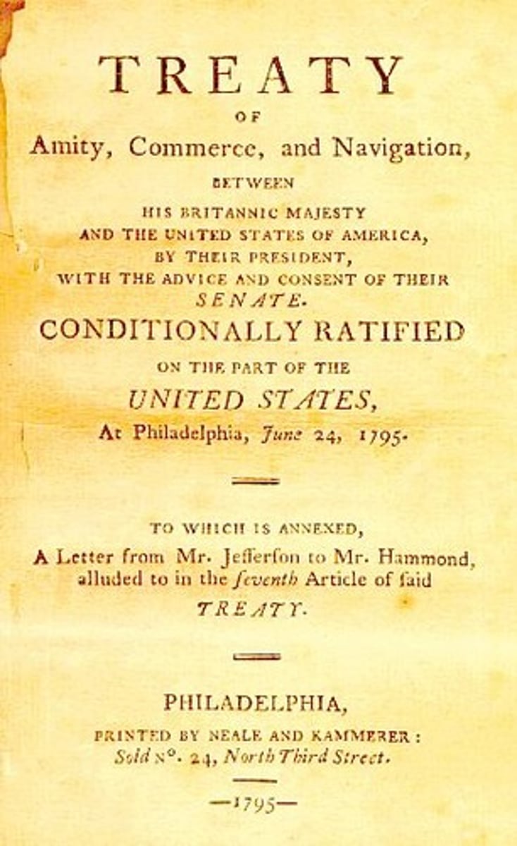 <p>Agreement that provided England would evacuate a series of forts in U.S. territory along the Great Lakes; in return, the United States agreed to pay pre-Revolutionary War debts owed to Britain. The British also partially opened the West Indies to American shipping. The treaty was barely ratified in the face of strong Republican opposition.</p>