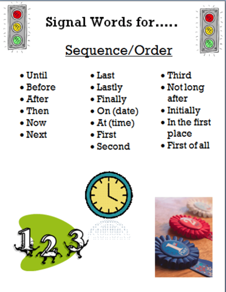 <p>first, next, then, finally, before, after, second, third, during, meanwhile</p>