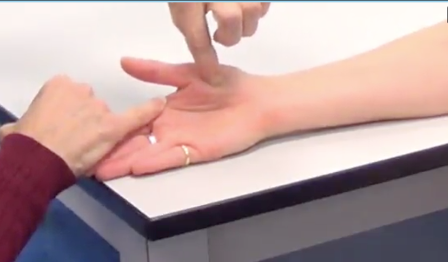 -Forearm in supine position on the table
-Find middle of thenar eminence (meaty part of the thumb on palmar side) and go laterally