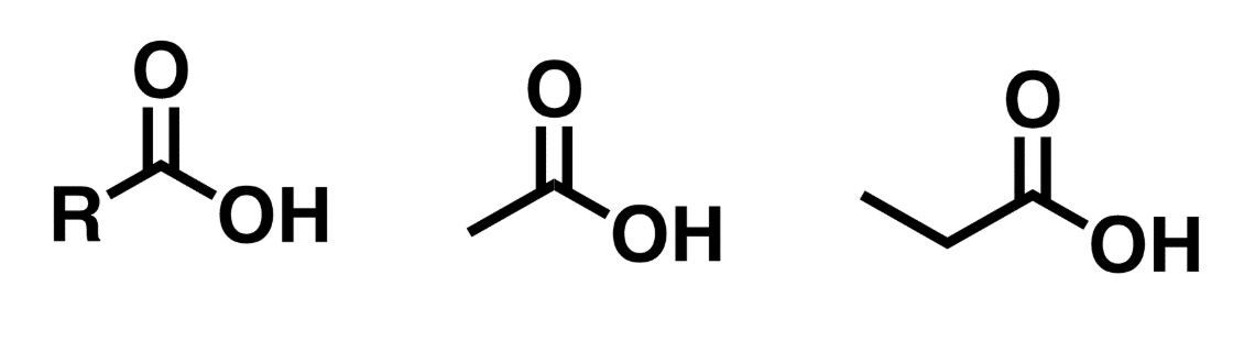 <p>Contains C=O (carbonyl) flanked by 1 side of an O-H (hydroxyl) and the other side is an R group (that is a carbon group or hydrogen</p>