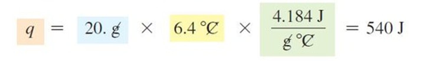 <p>The heat lost or gained by a substance is determined by multiplying its mass, the temperature change, and its specific heat.</p>