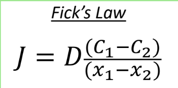 <p>A formula that describes the diffusion process. J is diffusion flux, D is the diffusion coefficient, and C is concentration.</p>