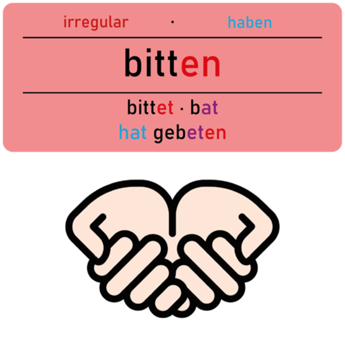 <p><strong><mark data-color="purple" style="background-color: purple; color: inherit;">bitten</mark></strong></p><p><em>(Akk., um+A, zu+D, für+A)</em></p><p>‎ </p><p>Darf ich Sie <u>bitten</u>, kurz zuzuhören?</p><p><em>(May I ask you to listen briefly?)</em></p>