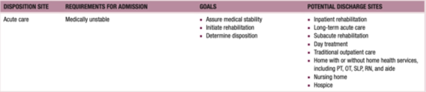 <p>24-hour skilled care for short-term illnesses or injuries; generally given in hospitals and ambulatory surgical centers</p><p>hospitalization due to:</p><p>-new medical condition</p><p>-exacerbation of chronic condition</p><p>initiates the rehab process</p><p>focus on clients' needs after DC from acute</p><p>-disposition to: inpatient, SNF, home health, outpatient, hospice, etc.</p>