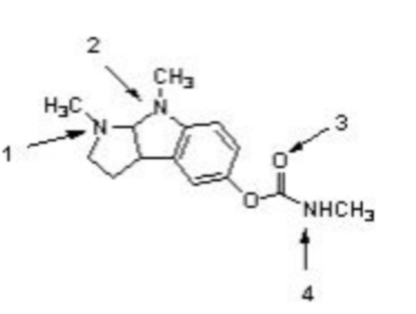 <p>Physostigmine is used in the treatment of glaucoma. Within the structure, the atom indicated by _______ is most basic, while atom ______ is least basic.</p><p>A)1 (most basic), 4 (least basic)</p><p>B)2 (most basic), 3 (least basic)</p><p>C)1 (most basic), 3 (least basic)</p><p>D)2 (most basic), 4 (least basic)</p><p>E)None of the above</p>