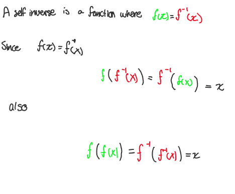 A self inverse is a function where f(x) = f⁻¹(x)

Since f(x) = f⁻¹(x)

→ f(f⁻¹(x)) = f⁻¹(f(x)) = x

also 

→ f(f(|x|)) = f⁻¹(f⁻¹(x)) = x