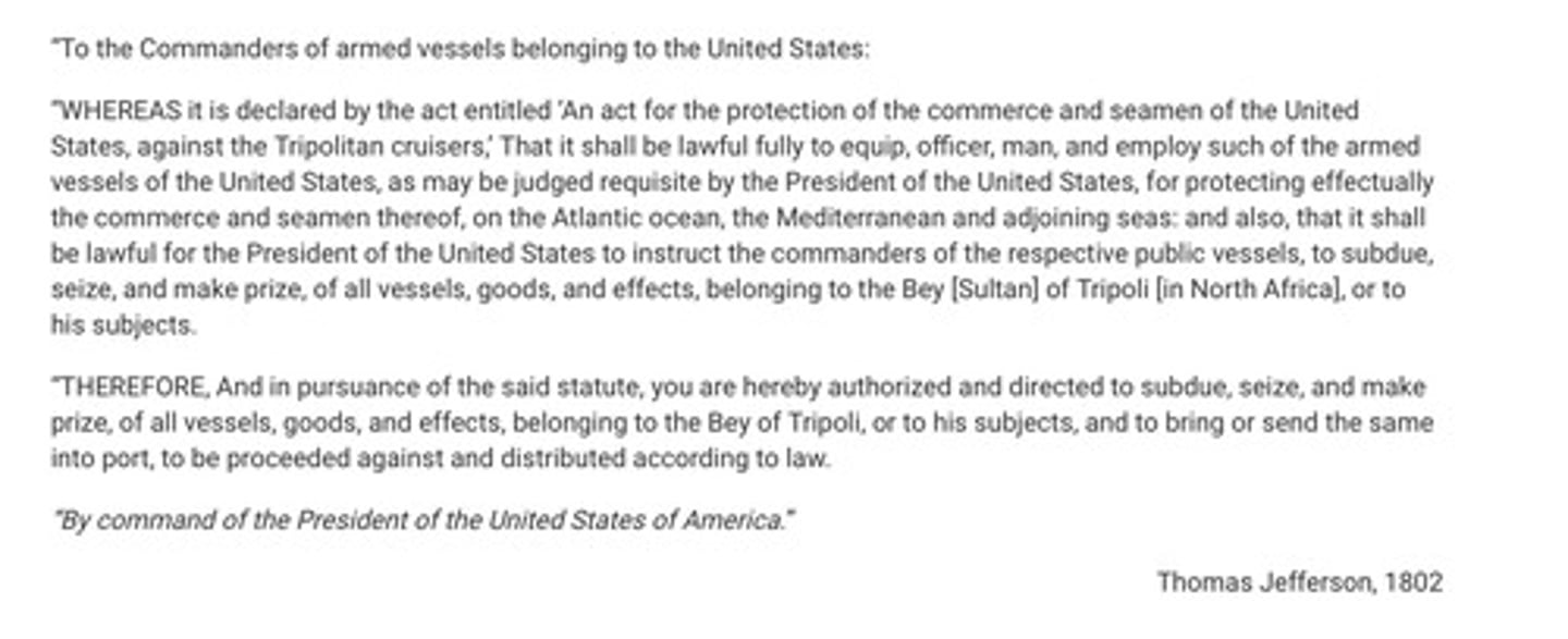 <p>President Jefferson sought the protections described in the excerpt most likely for the purpose of</p><p>A. Establishing trade routes</p><p>B. Enlarging the size of the navy</p><p>C. Supporting alliances with European nations</p><p>D. Creating United States colonies</p>
