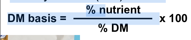 <ul><li><p>cannot compare on an as fed basis</p></li><li><p>need to compare on a dry matter basis</p></li><li><p></p></li></ul><p></p>