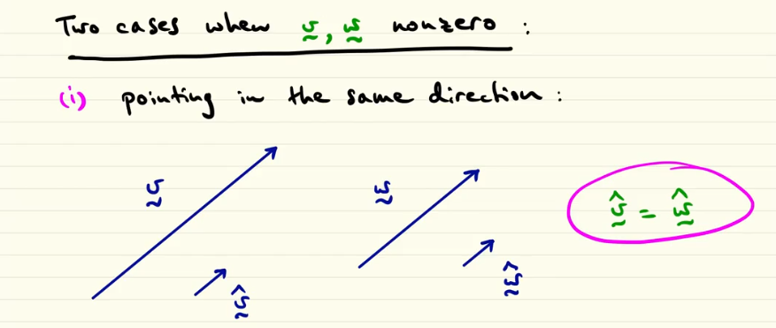 <p>if v and w are two vector that point in the same direction (are parallel) how we can define the both of them using the extensive notation that use |module| and unit vector?</p>