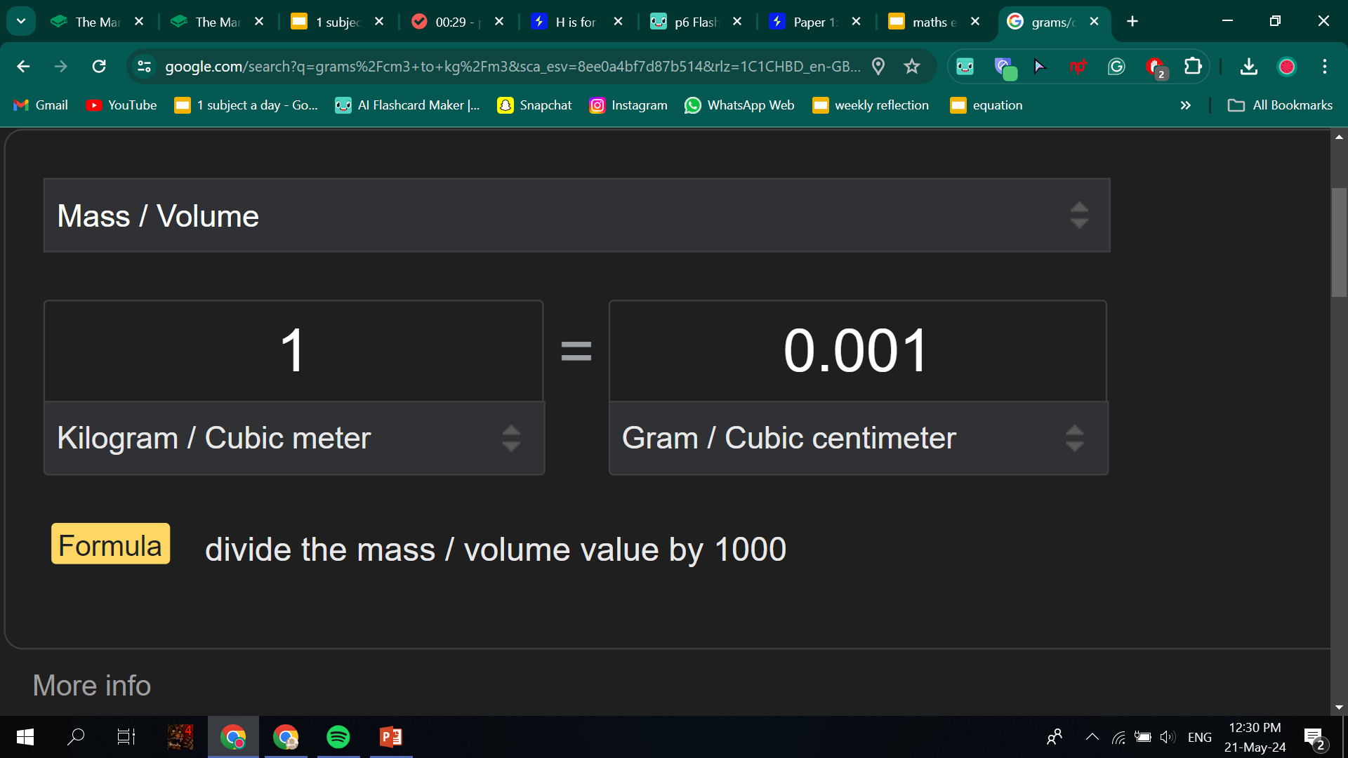 <p>To convert from&nbsp;<strong>g to kg</strong>&nbsp;you need to divide by 1,000.</p><p style="text-align: center">To convert from&nbsp;<strong>per&nbsp;cm<sup>3</sup>&nbsp;to per m<sup>3</sup></strong><sup>&nbsp;</sup>you need to multiply by 1,000,000 (because a&nbsp;<strong>m<sup>3</sup></strong>&nbsp;is 1,000,000 larger, so there will be 1,000,000 x more particles in it).</p><p style="text-align: center"></p><p style="text-align: center">So overall, we have have to&nbsp;multiply  by 1,000</p>