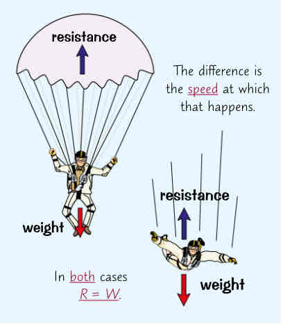 <ul><li><p>The accelerating force acting on all falling objects is gravity &amp; it would make them all fall at the same rate if it wasnt fir air resistance.</p></li><li><p>This means that on moon where theres ni air hamsters &amp; feathers dropped simultaneously will hit the ground tgther.</p></li><li><p>However, on earth air resistance causes things to fall at diff speeds &amp; the terminal velocity of any object is determined by its drag in comparison to its weight. The frictional force depends on its shape &amp; area </p></li><li><p>Most important example → human skydiver. Without his parachute open he has quite small area &amp; force of ‘W=mg’ pulling him down. He reaches a terminal velocity of about 120mph. But w the parachute open theres much more air resistance (at any given speed) &amp; still only the same force ‘W=mg’ pulling him down. This means his terminal velocity comes down to about 15mph, which is a safe speed to hit ground at</p></li></ul>