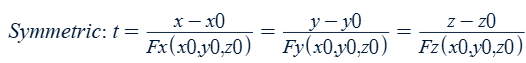 <p>Parametric equations:</p><p>x = x<sub>0</sub> + F<sub>x</sub>(x<sub>0</sub>,y<sub>0</sub>,z<sub>0</sub>)t</p><p>y = y<sub>0</sub> + F<sub>y</sub>(x<sub>0</sub>,y<sub>0</sub>,z<sub>0</sub>)t</p><p>z = z<sub>0</sub> + F<sub>z</sub>(x<sub>0</sub>,y<sub>0</sub>,z<sub>0</sub>)t</p>