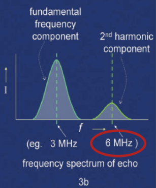 <p>(1) is the creation of an image from sound reflections at <strong><em>twice </em></strong>the frequency of the transmitted sound</p><p>(2) transmits at a lower frequency to allow for depth penetration, but receives at a higher frequency (harmonic) to allow for better resolution</p>
