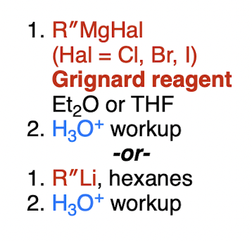 <p><strong>organometallic</strong>, e.g. Grignard (irreversible) </p><p>carbon dioxide (O=C=O) → ?</p>