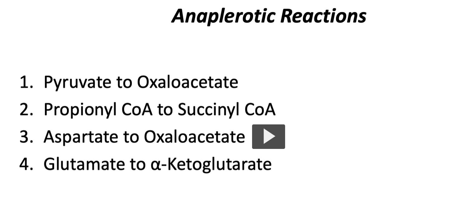 <p>example of anaplerotic reactions are:</p><ol><li><p>pyruvate to Oxaloacetate</p></li><li><p>Propionyl to Succinyl-CoA</p></li><li><p>Aspartate to Oxaloacetate</p></li><li><p>Glutamate to a-ketoglutarate </p></li></ol><p></p>