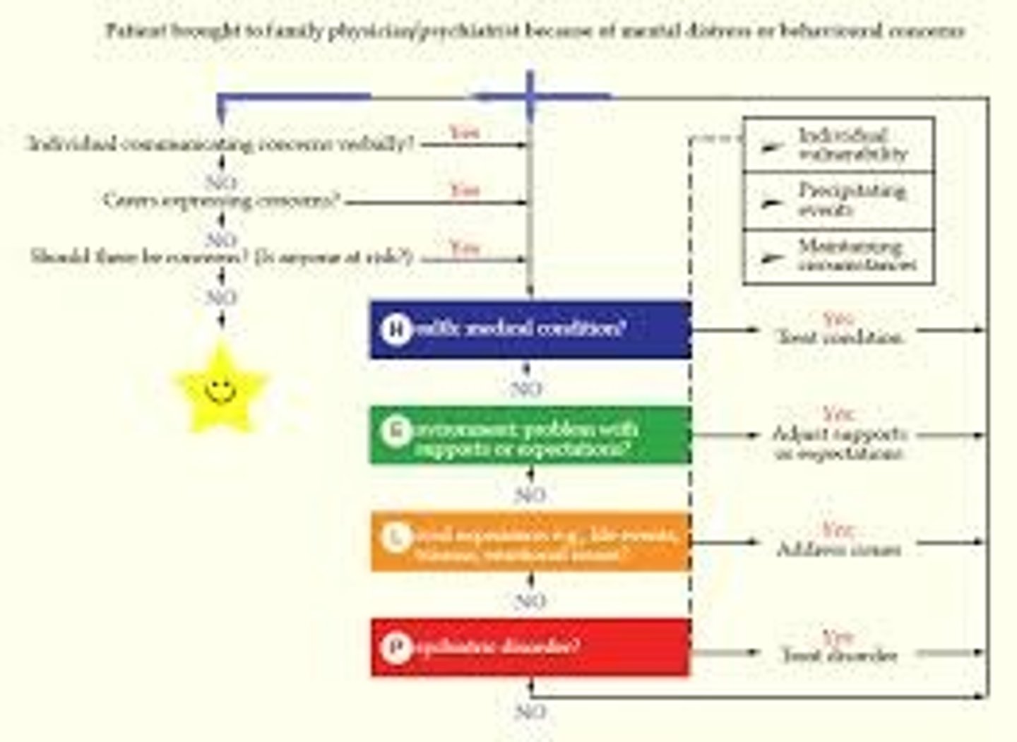 <p>Health: head to toe assessment, pain</p><p>Environment: assess adaptive skills, necessary supports</p><p>Live experience and emotional wellbeing: identify traumas and vulnerabilities</p><p>Psychiatric disorder: systemic eval</p>