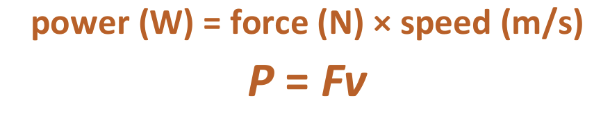 <p>Power (W) = force (N) x speed (m/s) </p><p>P = Fv</p>