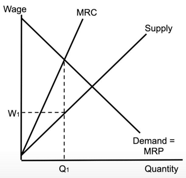 <ul><li><p>there is only 1 firm hiring, so the supply of labour is upward sloping</p></li><li><p>there is an upward sloping marginal resource cost</p></li><li><p>you hire where MRC = MRP</p></li><li><p>the wage is below the equilibrium wage that would exist at perfect competition</p></li><li><p>firms that hire workers at a lower wage, because they are the only firm hiring</p></li></ul><p></p>