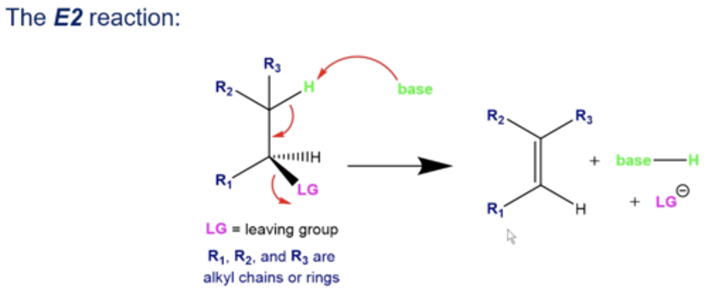 <p>1. a molecule containing a leaving group reacts with a base, causing the base to simultaneously strip a hydrogen from a neighboring carbon and push the L.G. off</p><p>-this forms an alkene product with a hydrogenated base and negatively charged L.G. in solution</p>