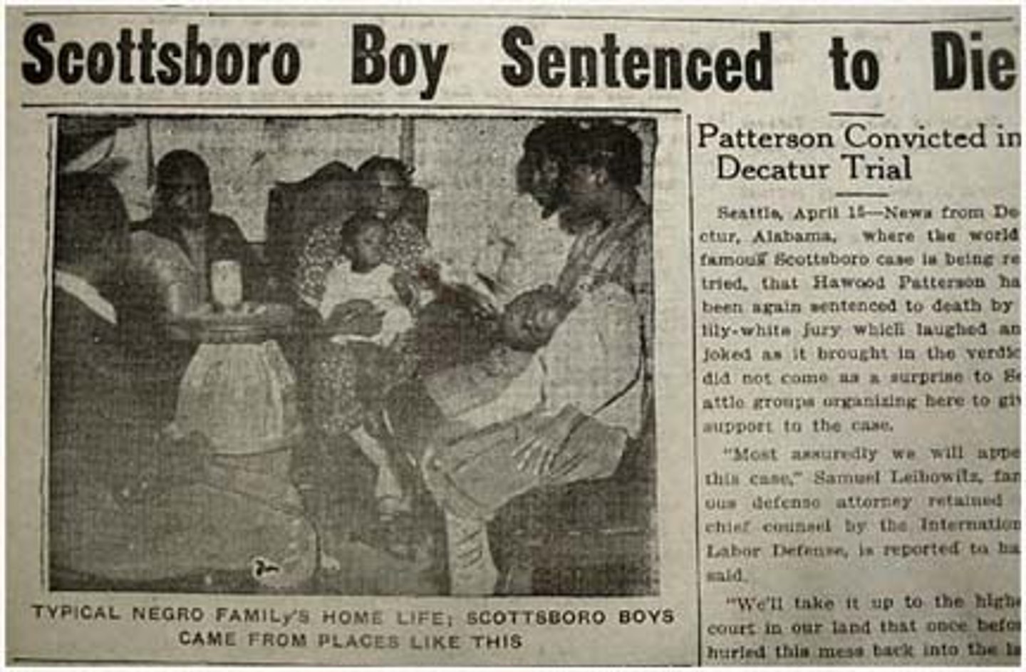 <p>Nine black teenagers were taken off a freight train in a small town near Scottsboro, Alabama and were arrested for vagrancy and disorder. Later, two white women accused the boys of raping them, and although there was significant evidence to suggest the women were lying, an all-white jury convicted all of the boys and eight were sentenced to death. However, with the Supreme Court's decision to overturn the convictions in 1932 and with the support of an organization associated with the Communist Party, the International Labor Defense, all of the defendants eventually gained their freedom.</p>