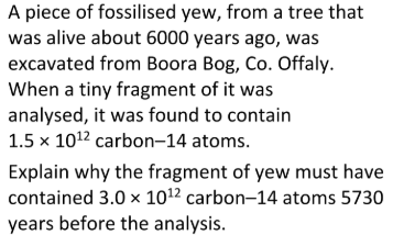 <p>What mass of carbon-14 did the fragment contain 5730 years before the analysis?</p>