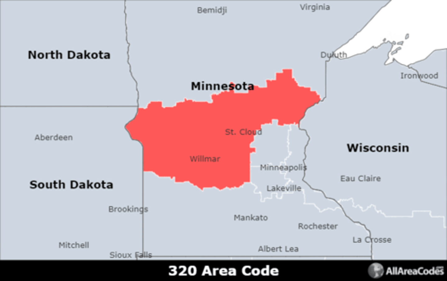 <p>Area code 320 is the area code for central Minnesota except the Minneapolis metro area. It includes the cities of St. Cloud, Willmar, and Sartell. It is the only area code that serves the area.</p>