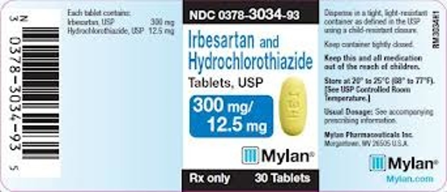 <p>Hydrochlorothiazide and Irbesartan</p><p>Angiotensin II blocker / Thiazide diuretic</p><p>Hypertension</p>