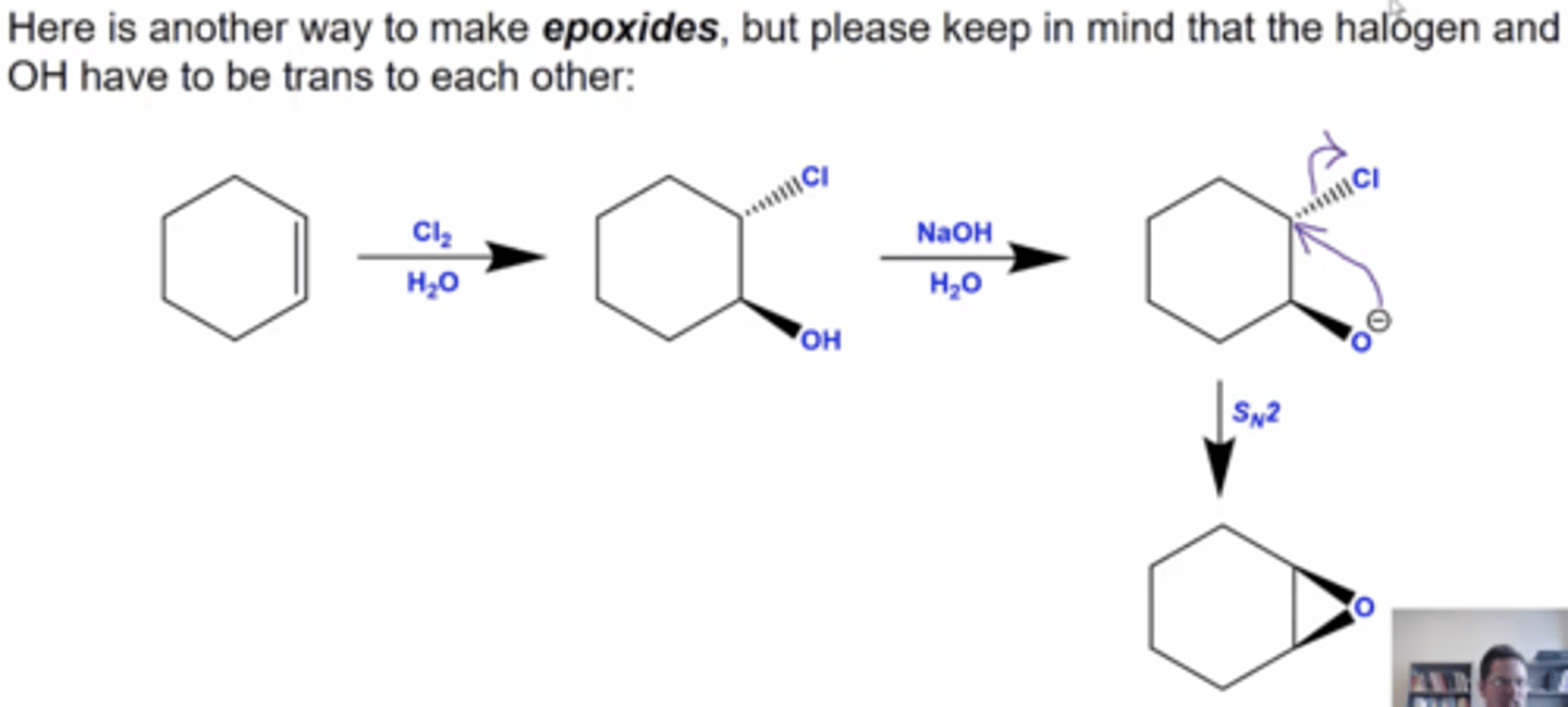 <p>1. react the ring with Cl2 and H2O, which will add OH and Cl trans to each side of the alkene</p><p>2. react this new ring with NaOH and H2O to form the epoxide via Sn2 mechanism</p><p>the halogen and OH must be trans to each other</p>