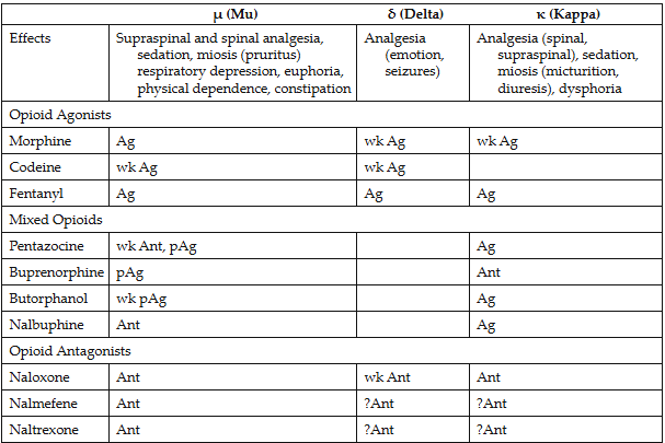 <p><span><strong> mu-</strong>analgesia</span></p><p><span><strong>kappa(k)- </strong>dysphoria</span></p><p><span><strong>delta- </strong></span></p><p><span><strong>- Differences in affinity for and action of different opioids at these and other specific receptors explain some of the distincitoons among the different opioids adverse </strong></span><strong>reactions</strong></p><p></p><p><strong>Other:</strong></p><p><strong>sigma (O)-</strong>hallucinations, nightmare, anxiety </p><p><strong>epsilon (e)-</strong></p>