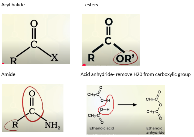 <ul><li><p>Acyl halide</p></li><li><p>esters</p></li><li><p>amide</p></li><li><p>acid anhydride</p></li></ul><p></p>