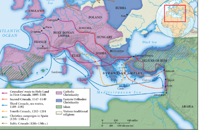 <p><strong>How might this map be used to support the thesis that the Crusades were about much more than just securing the Christian holy sites in Jerusalem?</strong></p>