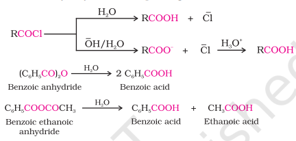 <ul><li><p>Acyl halides, on being hydrolyzed with water give corresponding carboxylic acid</p></li><li><p>When hydrolyzed with an aqueous base, give us carboxylate ion that on acidification gives corresponding acid</p></li><li><p>Anhydrides when hydrolyzed with water give corresponding carboxylic acid</p></li></ul>