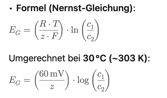 <p>→ Sie berechnet das <strong>EG</strong> aus:</p><p class="p2"></p><ul><li><p class="p1">Konzentrationen innen/außen (c₁/c₂)</p></li><li><p class="p1">Temperatur (T)</p></li><li><p class="p1">Wertigkeit des Ions (z)</p></li><li><p class="p1">Physikalische Konstanten (R, F)</p></li></ul><p></p>