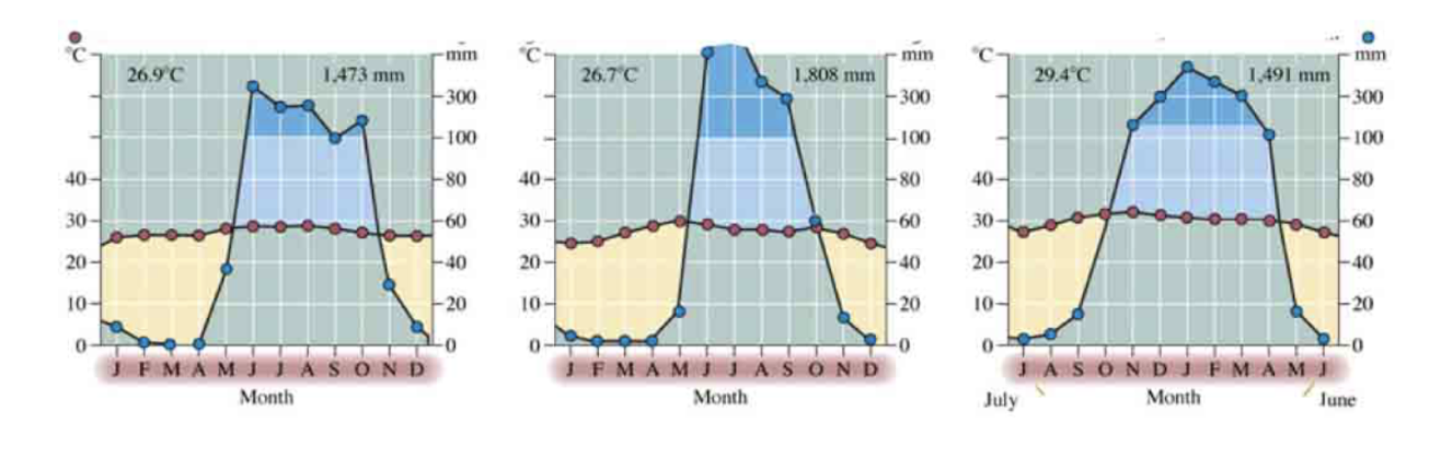 <p>The Walter climate diagrams below are all from a single biome type. Which biome is it?</p><p>A. Tropical rainforest</p><p>B. Temperate forest</p><p>C. Desert</p><p>D. Tropical savanna</p><p>E. Boreal forest</p>