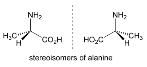 <p>The 2 stereoisomers of alanine are shown.</p><p>Rotate the right hand molecule of alanine to demonstrate that it is non-superimposable with the other stereoisomer</p>