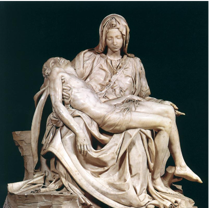 <p>Calm, idealized expression (very Greek in that way) mary. Mary is very serene about this sorrow, Jesus looks more like he's sleeping than dead. Pyramid configuration.</p>