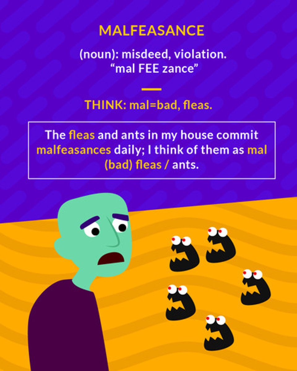 <p>misconduct or wrongdoing, especially by a public official</p><p>(noun) wrongdoing especially by a public official</p>