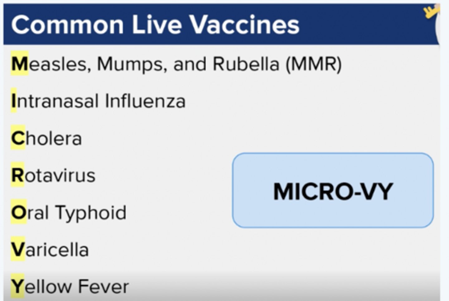 <p>MMRII</p><p>Intranasal influenza (flumist)</p><p>Cholera</p><p>Rotavirus</p><p>Oral typhoid</p><p>Varicella</p><p>Yellow fever</p>