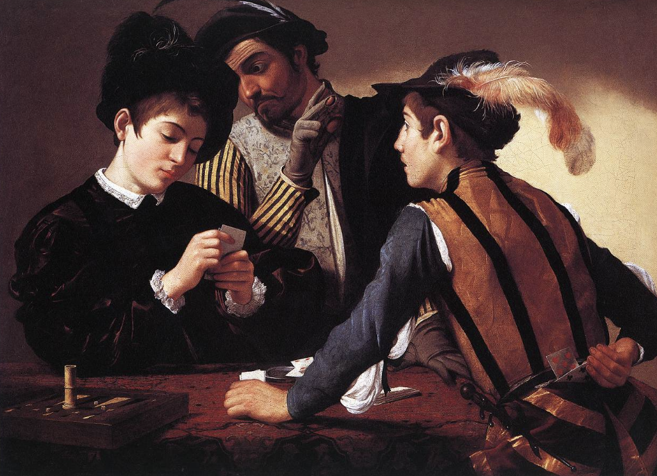 <ul><li><p>Caravaggio</p></li><li><p>strong cardplayers prey on weaker players</p></li><li><p>rich guy playing with “card sharks”</p></li><li><p>Car’s first masterpiece</p></li><li><p>shady pickpocket guy (finger w/o gloves)</p></li><li><p>trying to rob rich player guy in black</p></li><li><p><u>tenebrism</u> from left side = evil</p></li><li><p>moment of drama and realism</p></li><li><p>boy = repercussions of straying from the church</p></li><li><p>baroque</p></li></ul>