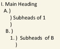<ol><li><p>Should begin with a title of the script.</p></li><li><p>Followed by a guiding principle which summarizes the main idea of the speech.</p></li><li><p>Introduction, the Body, and the Conclusion should be written in the form of concrete statements.</p></li><li><p>The parts of the outline, heads and subheads should be labeled by alternating figures and letters correctly punctuated and indented as shown.</p></li></ol><p></p>