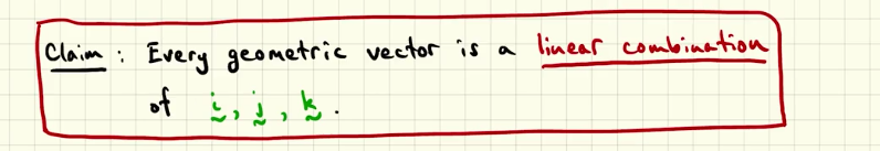 <p>every geometric vector is a LINEAR COMBINATION of i,j,k… this mean that a geometric vector can be described by a sum! This it’s really important because means that now, we can convert a geometric problem into an arithmetic problem!</p>
