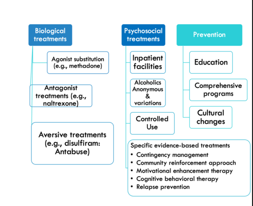 BIOLOGICAL: 

Agonist substitution (same or similar effect as drug but safer or less harmful: mimicks neurotransmitter
Eg: heroin addiction→ methadone agonist


Antagonist (blocking effects of substance, such as naltrexone for alcohol use
disorder or opioid addiction)

Aversive (causes negative reactions when substance used, such as disulfiram for
alcohol use disorder)


PHYSCOSOCIAL: 

Self-help (e.g., AA)
Psychosocial 

(evidence-based)

Contingency management: positive reinforcement for not using substances (pay someone to stop using)


Community reinforcement approach: work with natural support, work to enforce natural reinforcers , make one realize negative consequences of using

Motivational enhancement therapy: Motivate people to change behavior based on ones personal goals in life→ helping them see the interference of substance use


CBT

Relapse prevention therapy: identify situations of when is most likley to have relapse→ prevent those

Self-control strategies for substance use 

("Modifying ABCs of Substance Abuse")

Stages of change: One goes through series of stages when going through stages→ ID stage ones at to help them get to next stage
