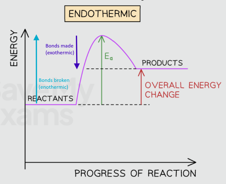 <ul><li><p>Products have <strong>more energy</strong> than the reactants (products are<strong> less stable</strong> than the reactants), so the change in energy is positive. This is represented with a upwards arrow</p></li><li><p>Overall energy is absorbed in this reaction</p></li><li><p>Activation energy is needed to start the reaction</p></li></ul><p></p>