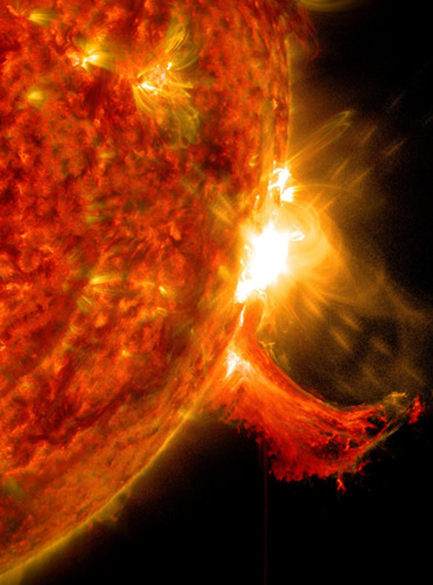 <p>eruptions of gas that spew enormous amounts of energy into space, can cause solar wind</p>