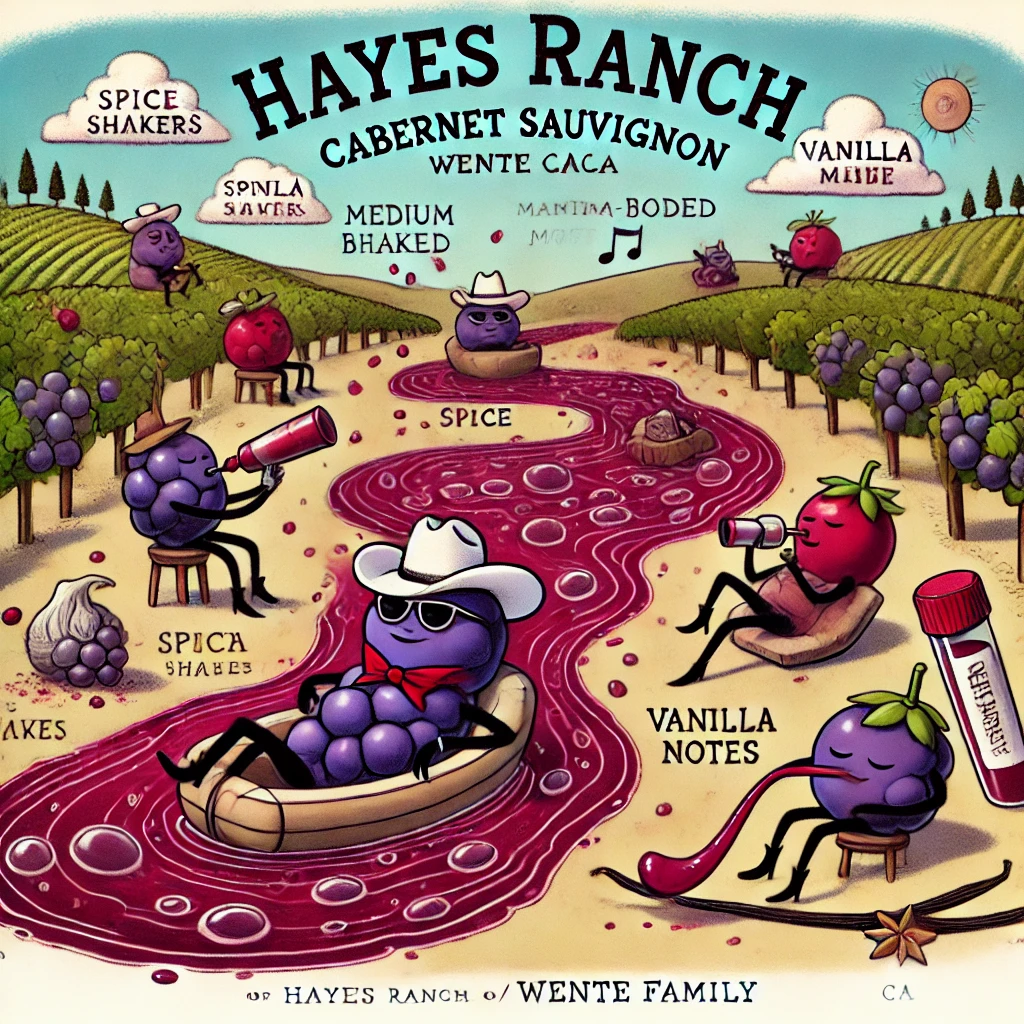 It features a serene red wine river with dark berries in cowboy hats paddling vanilla bean boats, spice shakers cheering from hilltops, and vanilla clouds sprinkling mist. The harmonious orchestra in the background symbolizes the smooth and rounded finish.