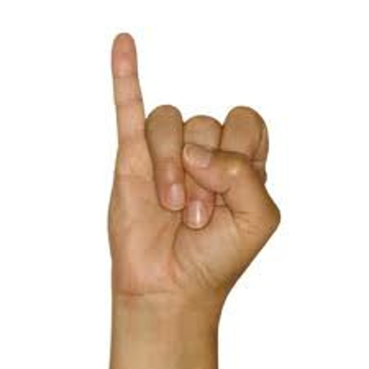 <p>Index, middle and ring fingers are folded down. Thumb is folded across index middle and ring fingers. Little finger is straight.</p>