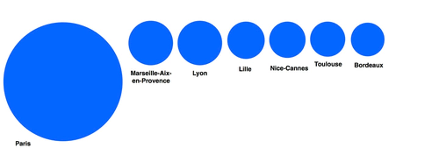 <p>A type of distribution in which one city is by far the most populous and carries the most weight politically and economically for the entire country. All other cities within the country follow the lead of the primate city.</p><p>-E.g., Cairo</p>