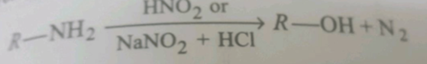 <p>aniline - forms diazo salt(stable)<br>R-NH2 - forms diazonium ion, then alcohol</p>