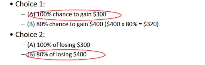 <p><span>People choose to take on a risk when evaluating potential losses</span><br><span>and avoid risks when evaluating potential gains.</span></p>