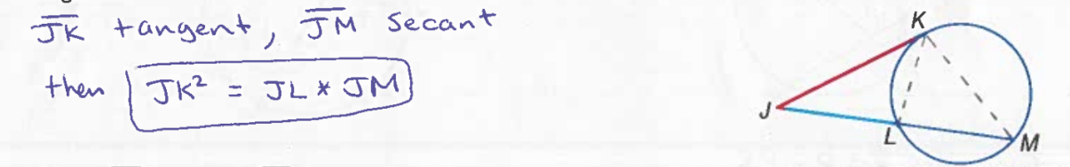 <p>If a tangent and a secant intersect in the exterior of a circle, then the square of the measure of the tangent is equal to the product of the measures of the secant and its external secant segment. </p>
